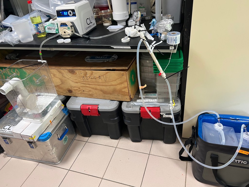 Lab setup showing tangential flow filtration.