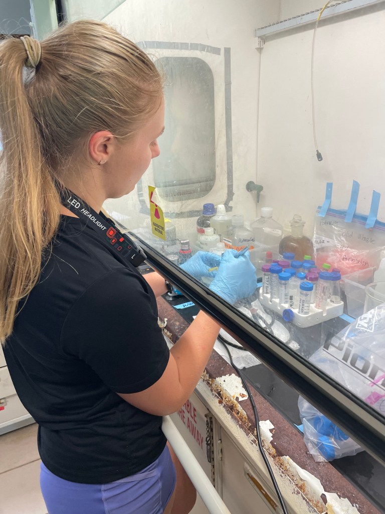 A woman holding an airbrush and a whirlpak with a coral fragment in it in a fume hood